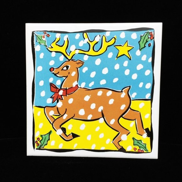 4 Christmas Tiles Set Reindeer Gifts Sleigh Xmas Tree Ceramic Cork Back Portugal - Picture 4 of 7